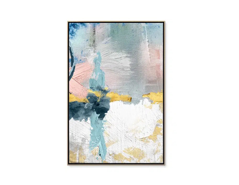 ⁦תמונת קנבס לבית Emotions Pink Blue - הדפס קנבס ממוסגר בפורמט מלבני בגווני ורוד כחול טורקיז אפור עם נגיעות זהב⁩ – תמונה ⁦4⁩