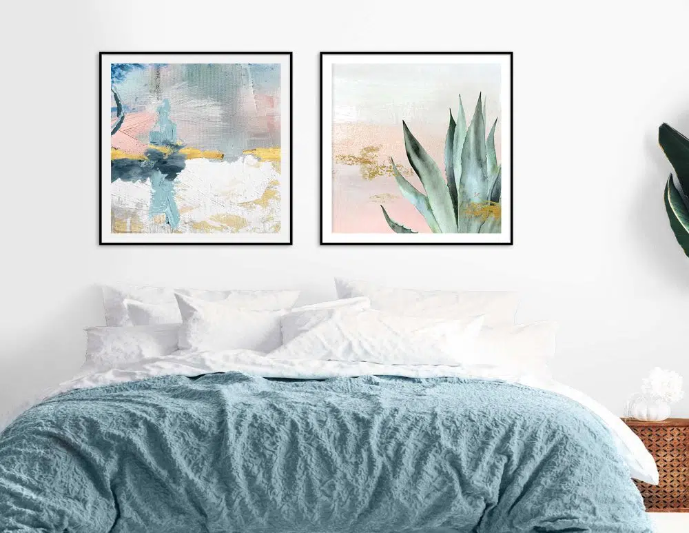 ⁦תמונות קנבס לסלון Emotional Nature Pink Blue - שני הדפסי קנבס ממוסגרים בפורמט ריבועי בגווני ורוד כחול ירוק עם נגיעות זהב⁩ – תמונה ⁦4⁩