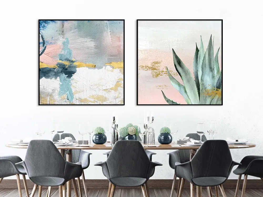 ⁦תמונות קנבס לסלון Emotional Nature Pink Blue - שני הדפסי קנבס ממוסגרים בפורמט ריבועי בגווני ורוד כחול ירוק עם נגיעות זהב⁩ – תמונה ⁦3⁩