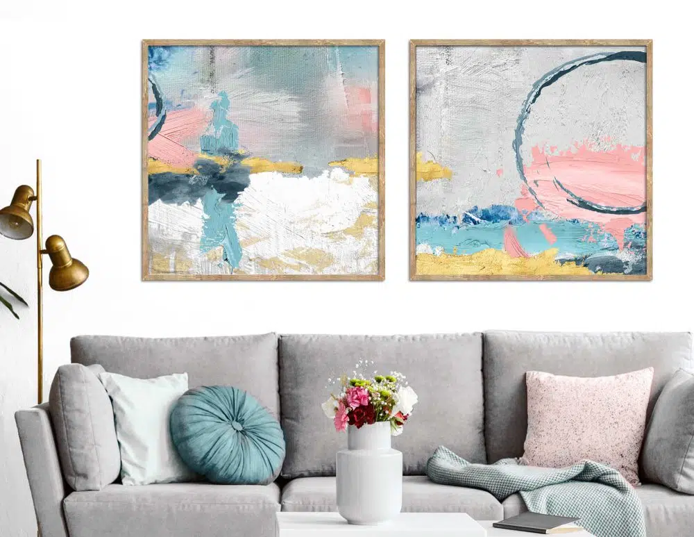 תמונות קנבס Emotional Circle Duo Blue Mint Pink - שני הדפסי קנבס ממוסגרים בפורמט ריבועי בגווני כחול טורקיז ורוד אפור עם נגיעות זהב