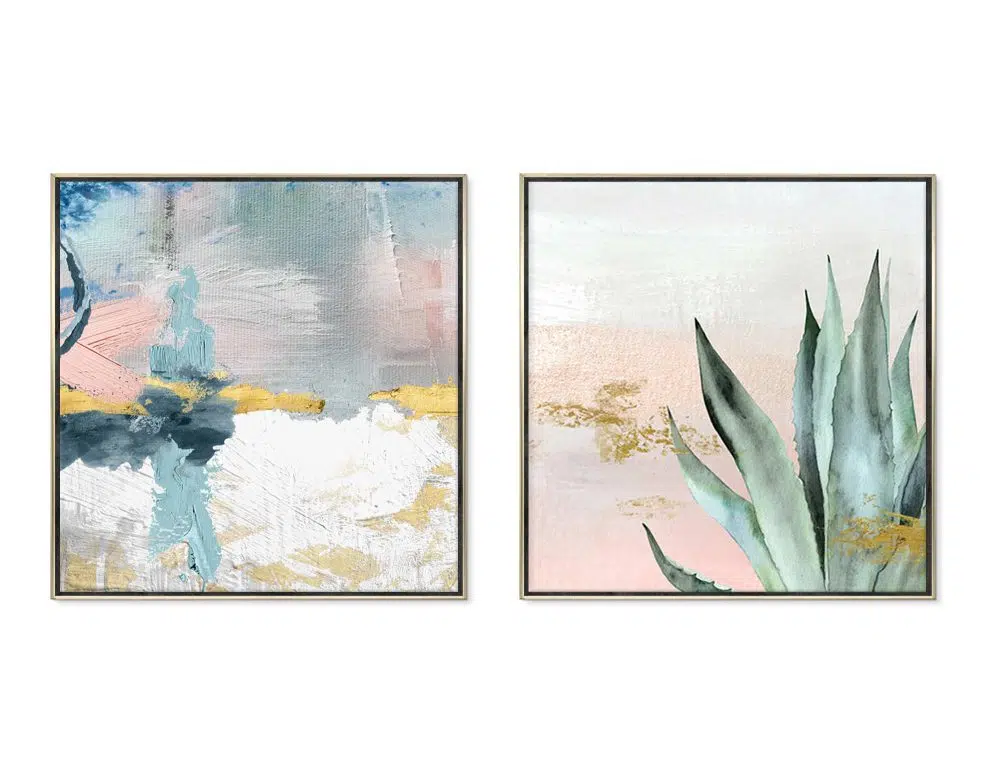 ⁦תמונות קנבס לסלון Emotional Nature Pink Blue - שני הדפסי קנבס ממוסגרים בפורמט ריבועי בגווני ורוד כחול ירוק עם נגיעות זהב⁩ – תמונה ⁦5⁩