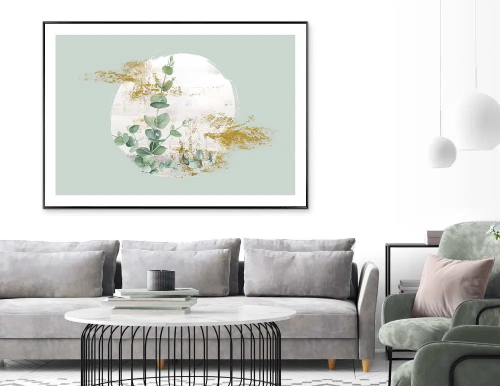 תמונה לסלון Moon Blossom Green - הדפס נייר ממוסגר בפורמט רוחבי בגווני ירוק מעושן עם נגיעות זהב