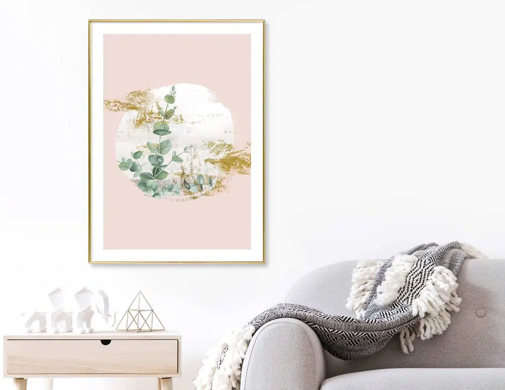 תמונה לסלון Moon Blossom Pink - הדפס נייר ממוסגר בפורמט מלבני בגווני ורוד ירוק עם נגיעות זהב