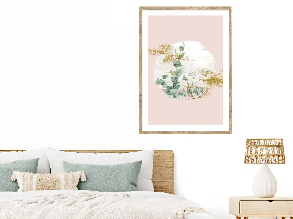 ⁦תמונה לסלון Moon Blossom Pink - הדפס נייר ממוסגר בפורמט מלבני בגווני ורוד ירוק עם נגיעות זהב⁩ – תמונה ⁦3⁩