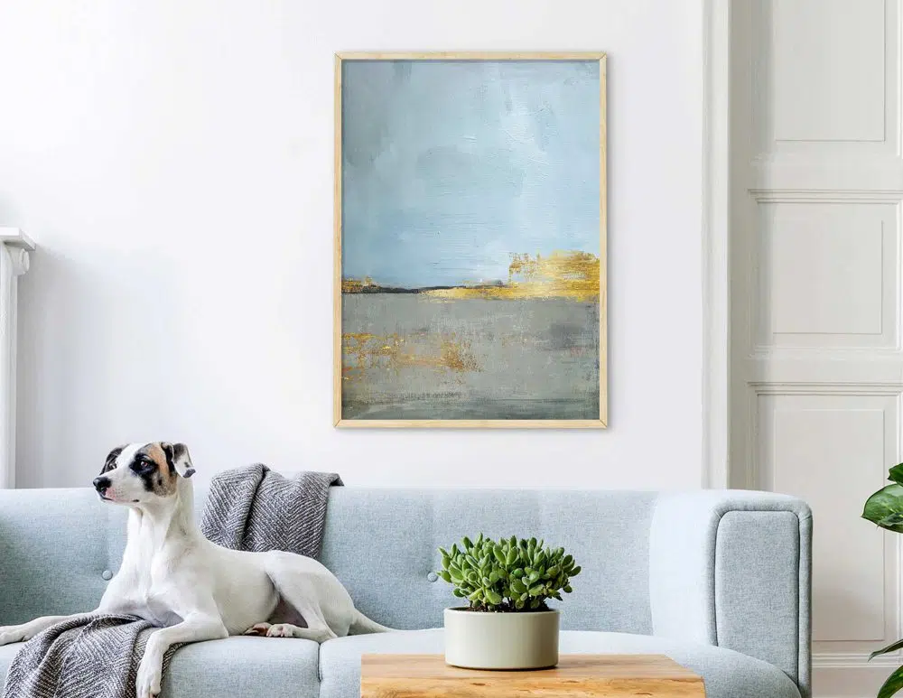 ⁦תמונה לסלון Horizon Blue - הדפס נייר ממוסגר בפורמט מלבני בגווני כחול מעושן אפור עם נגיעות זהב⁩ – תמונה ⁦2⁩