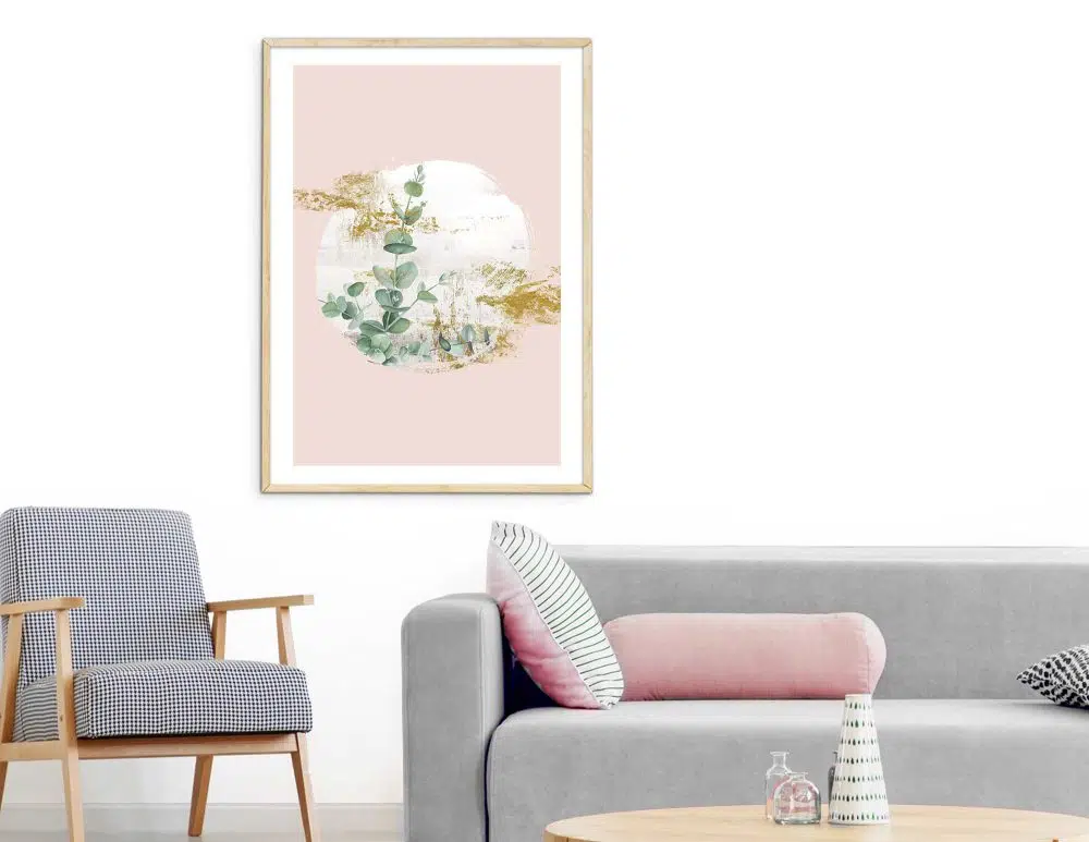 ⁦תמונה לסלון Moon Blossom Pink - הדפס נייר ממוסגר בפורמט מלבני בגווני ורוד ירוק עם נגיעות זהב⁩ – תמונה ⁦2⁩