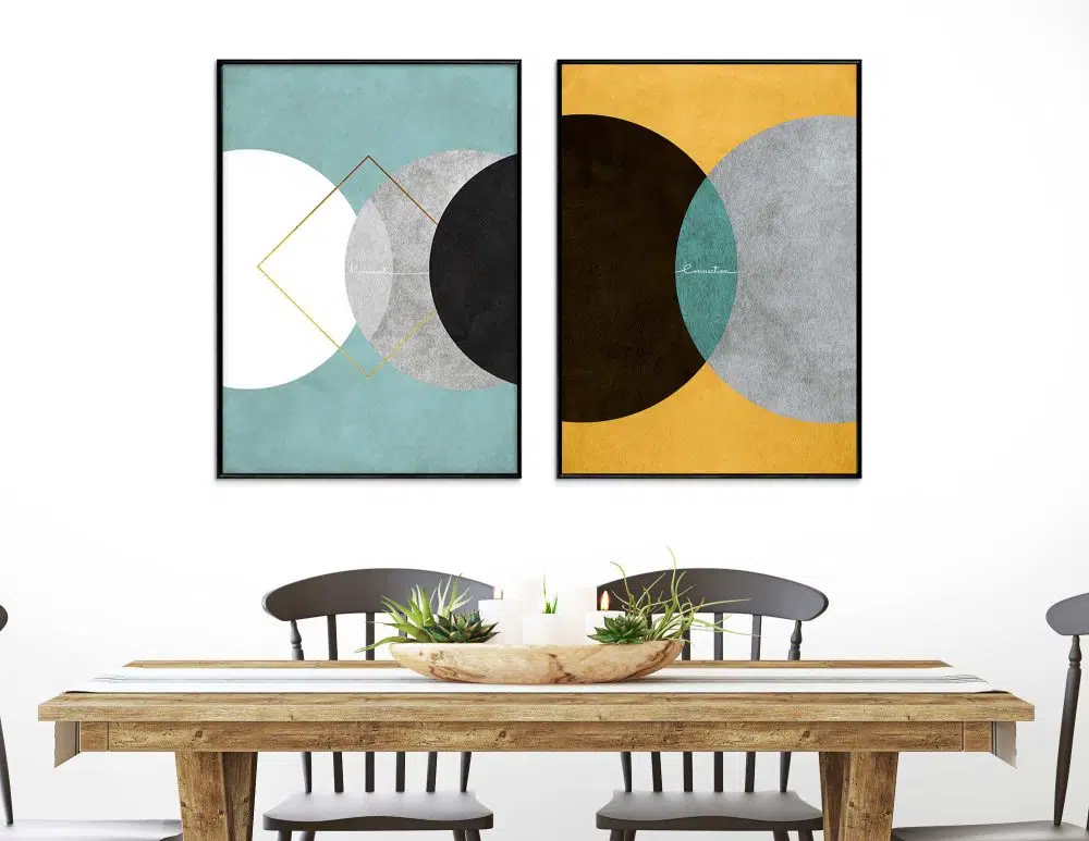 ⁦תמונות קנבס לסלון Connection Duo Mint Yellow - שני הדפסי קנבס ממוסגרים בפורמט מלבני בגווני טורקיז צהוב חרדלי אפור שחור עם נגיעות זהב⁩ – תמונה ⁦3⁩