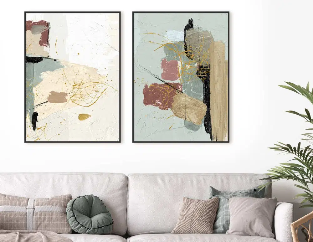 ⁦תמונות לבית Dessert & Dust Duo Green Beige - שני הדפסי נייר ללא מסגרת בפורמט מלבני בגווני ירוק בז׳ עם נגיעות זהב שחור ורוד⁩ – תמונה ⁦2⁩