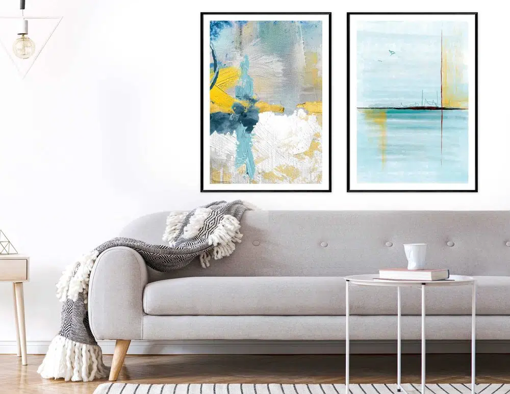 ⁦תמונות לסלון Emotions & Ocean Blue Yellow - שני הדפסי נייר ממוסגרים בפורמט מלבני בגווני כחול טורקיז צהוב אפור עם נגיעות זהב⁩ – תמונה ⁦4⁩