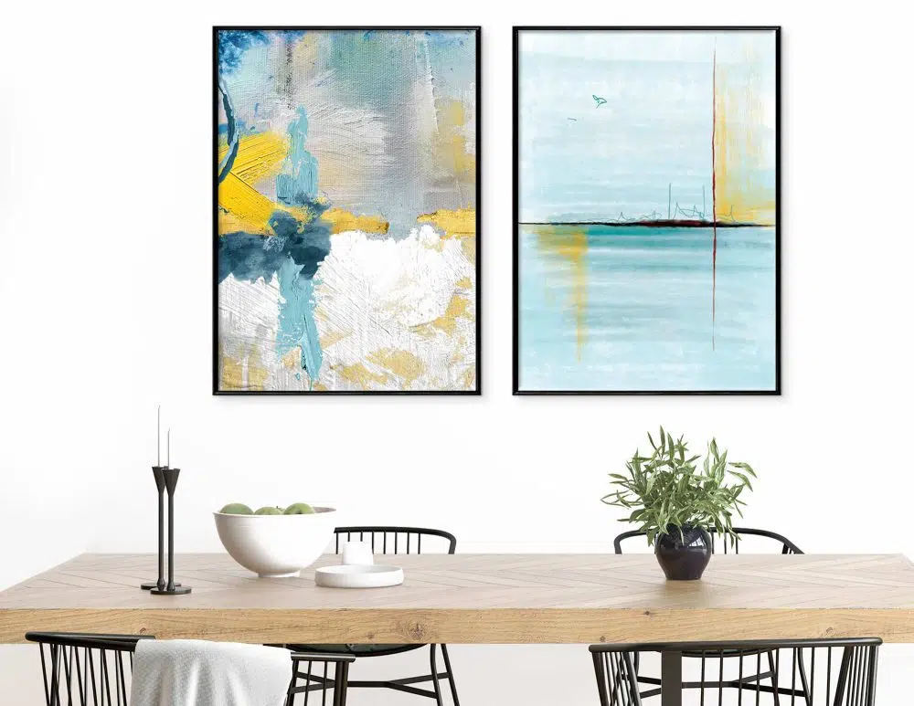 ⁦תמונות קנבס לסלון Emotions & Ocean Blue Yellow - שני הדפסי קנבס ממוסגרים בפורמט מלבני בגווני כחול טורקיז צהוב אפור עם נגיעות זהב⁩ – תמונה ⁦2⁩