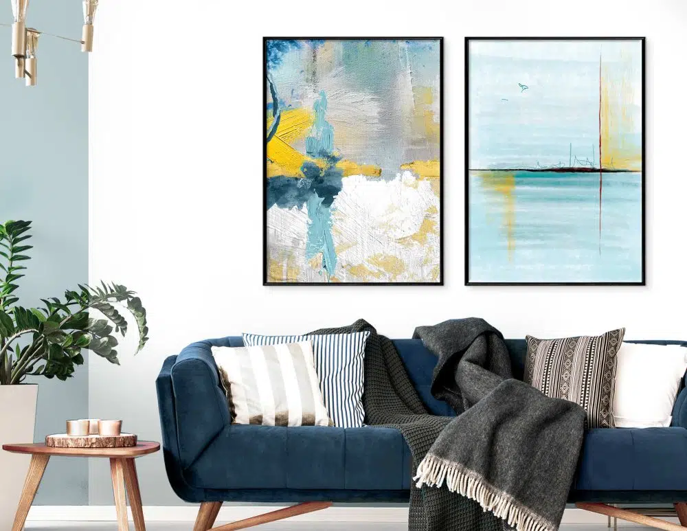 ⁦תמונות קנבס לסלון Emotions & Ocean Blue Yellow - שני הדפסי קנבס ממוסגרים בפורמט מלבני בגווני כחול טורקיז צהוב אפור עם נגיעות זהב⁩ – תמונה ⁦3⁩