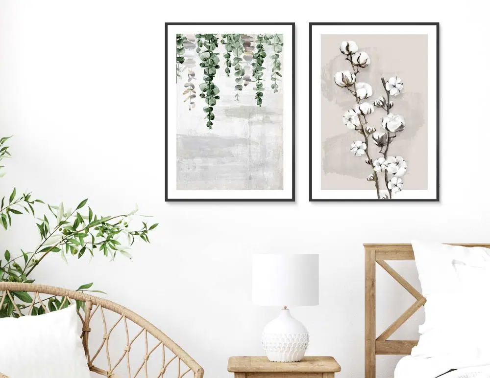 ⁦תמונות לבית Soft Cotton & Fallen Leaves Beige - שני הדפסי נייר ללא מסגרת בפורמט מלבני בגווני בז׳ ירוק אפור⁩ – תמונה ⁦3⁩