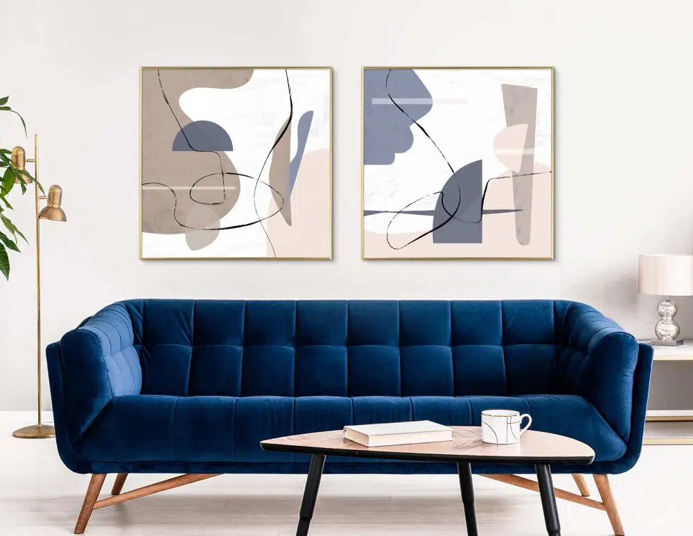 תמונות לסלון Meditate Duo Blue Beige - שני הדפסי נייר ממוסגרים בפורמט ריבועי בגווני כחול מעושן בז׳ ניוד
