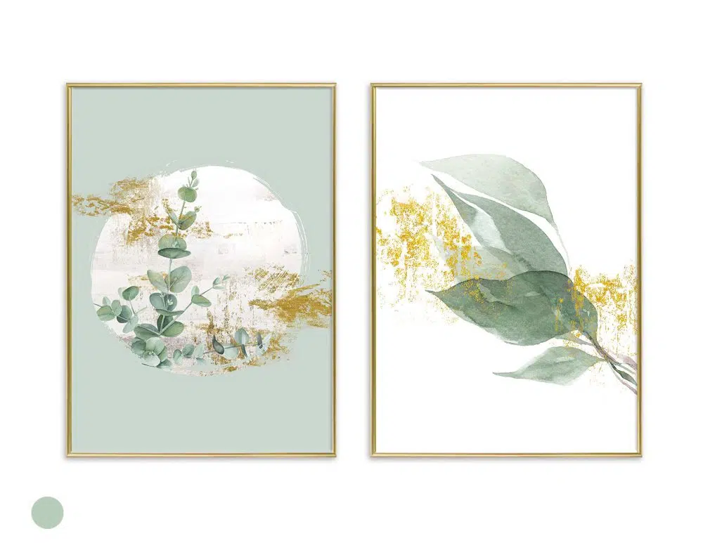 ⁦תמונות לסלון Moon Blossom Windy Branch Duo Green - שני הדפסי נייר ממוסגרים בפורמט מלבני בגווני ירוק לבן עם נגיעות זהב⁩ – תמונה ⁦4⁩