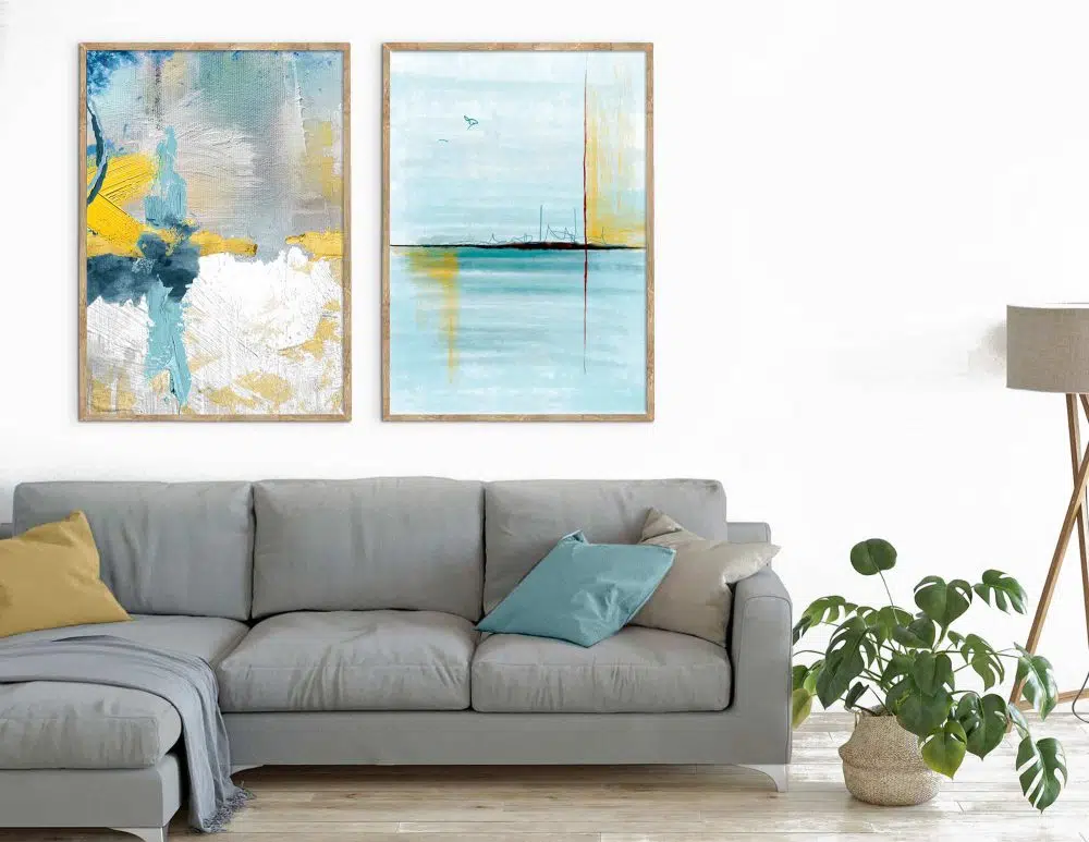 תמונות קנבס לסלון Emotions & Ocean Blue Yellow - שני הדפסי קנבס ממוסגרים בפורמט מלבני בגווני כחול טורקיז צהוב אפור עם נגיעות זהב