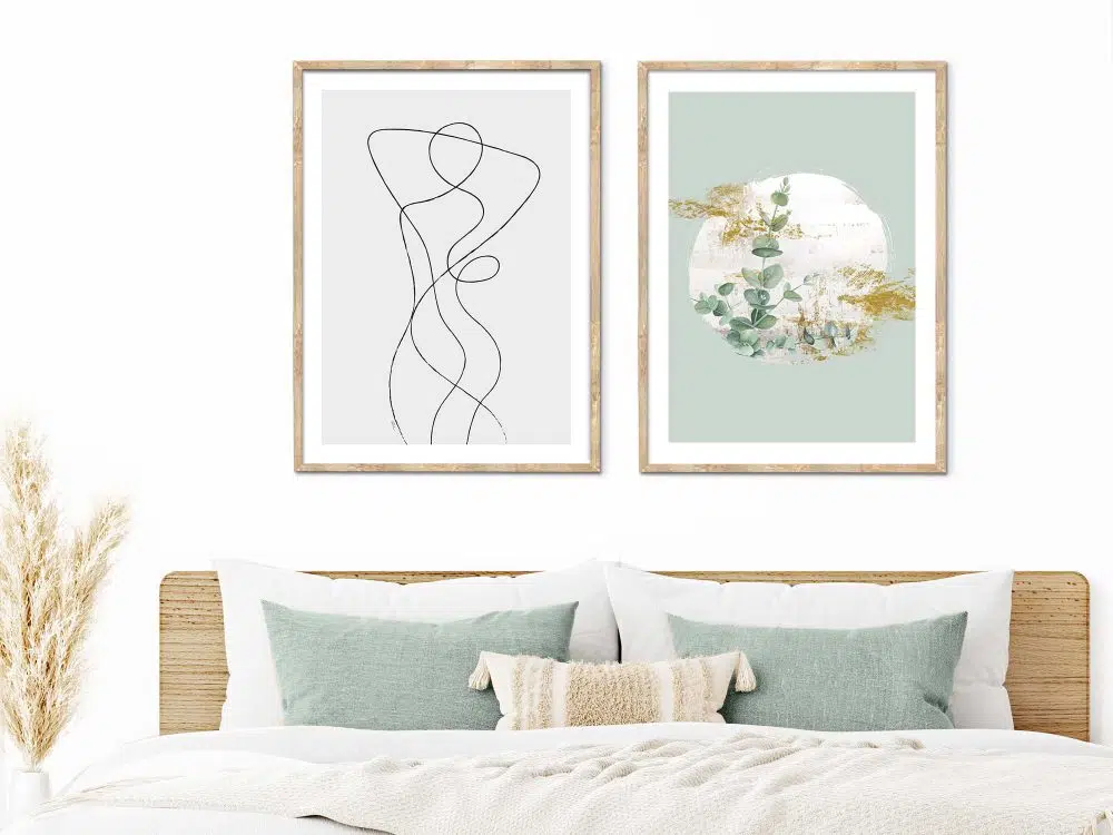 ⁦תמונות קנבס Moon Blossom & Whole Duo Green - שני הדפסי קנבס ממוסגרים בפורמט מלבני בגווני ירוק אפור עם נגיעות זהב⁩ – תמונה ⁦2⁩
