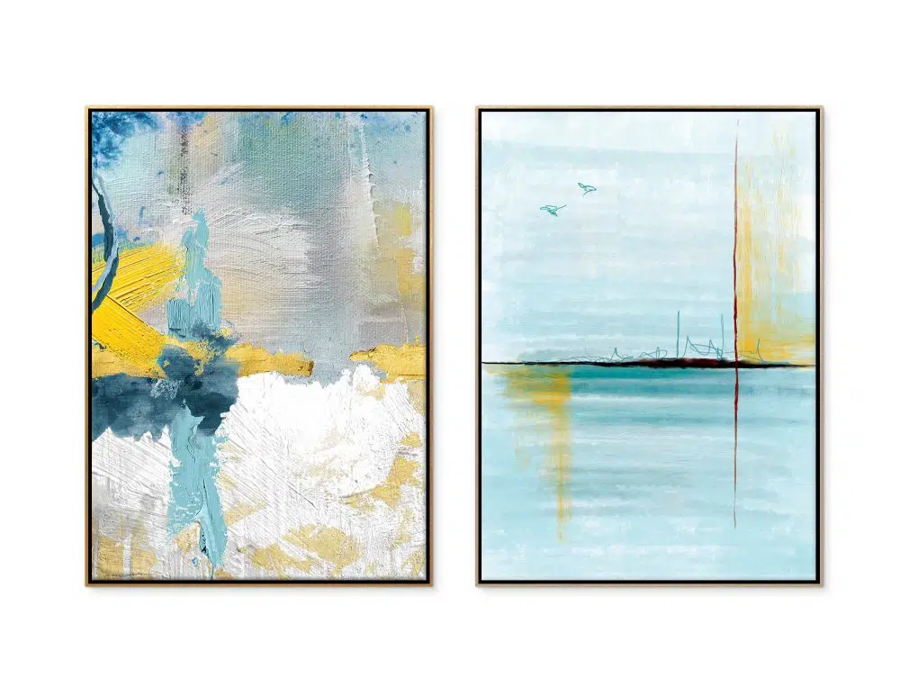 ⁦תמונות קנבס לסלון Emotions & Ocean Blue Yellow - שני הדפסי קנבס ממוסגרים בפורמט מלבני בגווני כחול טורקיז צהוב אפור עם נגיעות זהב⁩ – תמונה ⁦4⁩
