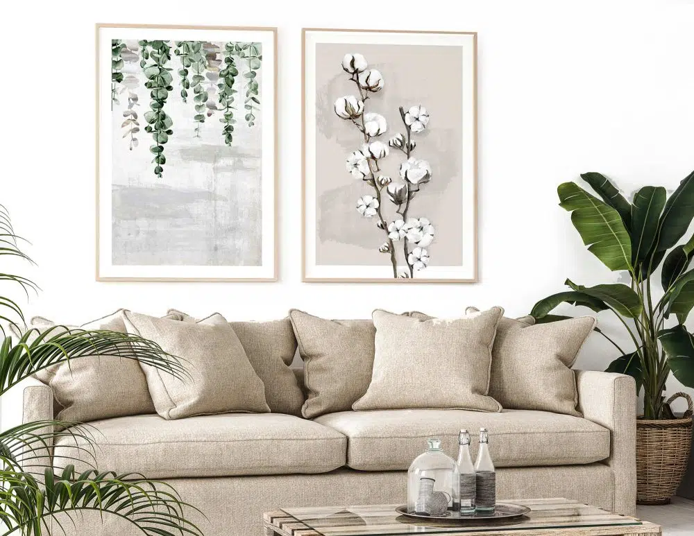 ⁦תמונות לבית Soft Cotton & Fallen Leaves Beige - שני הדפסי נייר ללא מסגרת בפורמט מלבני בגווני בז׳ ירוק אפור⁩ – תמונה ⁦2⁩