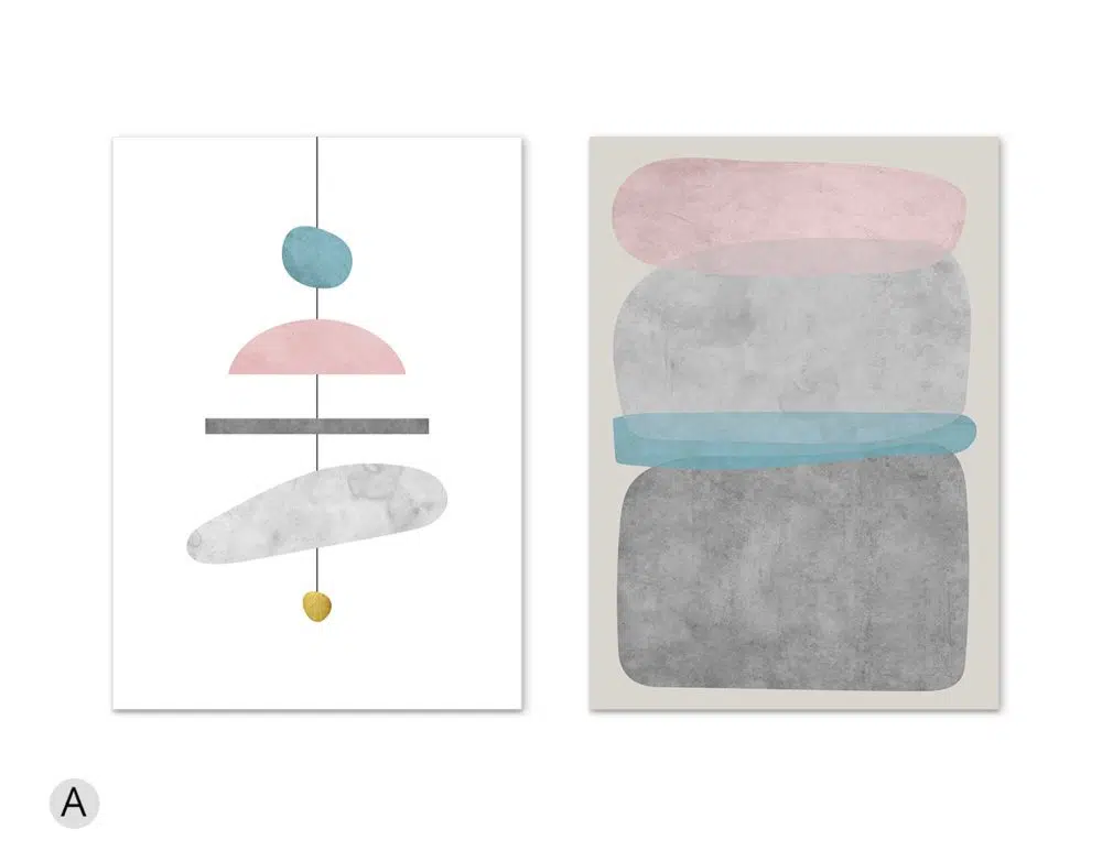 ⁦תמונות לבית Chandelier Duo Grey Pink Mint - שני הדפסי נייר ללא מסגרת בפורמט מלבני בגווני אפור עם נגיעות ורוד טורקיז זהב⁩ – תמונה ⁦5⁩