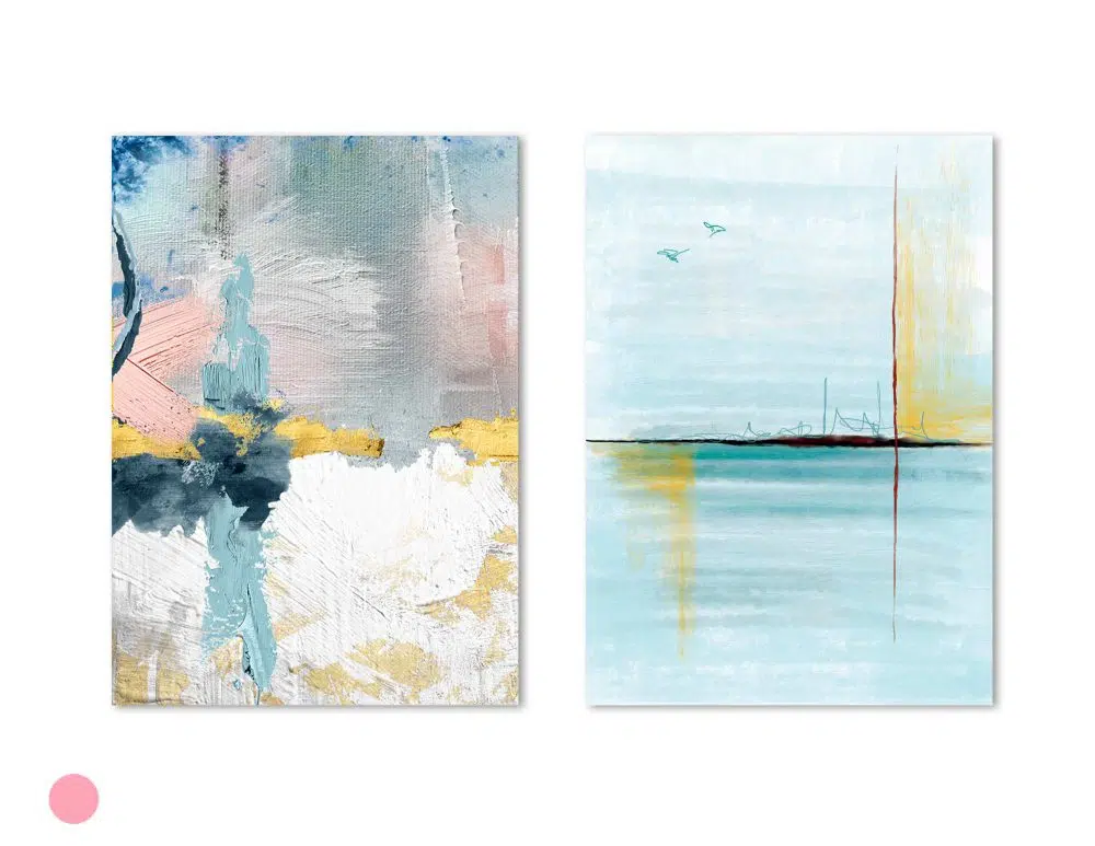 ⁦תמונות לבית Emotions & Ocean Blue Pink - שני הדפסי נייר ללא מסגרת בפורמט מלבני בגווני כחול טורקיז ורוד אפור עם נגיעות זהב⁩ – תמונה ⁦6⁩