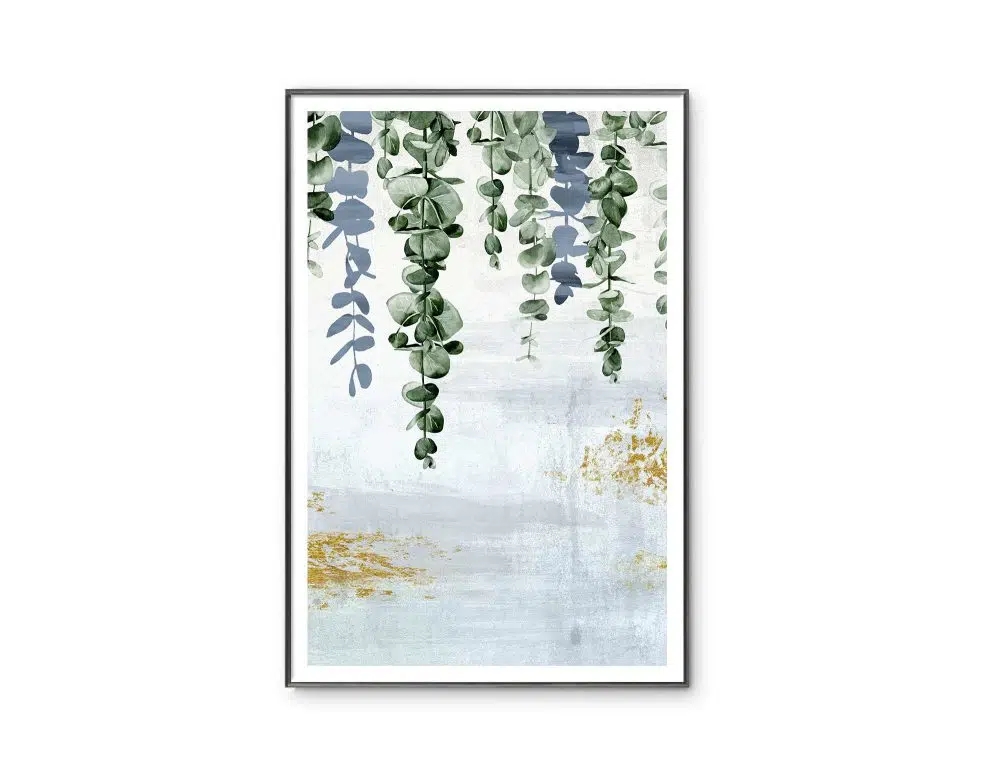 ⁦תמונה לסלון Fallen Leaves Blue - הדפס נייר ממוסגר בפורמט מלבני בגווני כחול ירוק עם נגיעות זהב⁩ – תמונה ⁦4⁩
