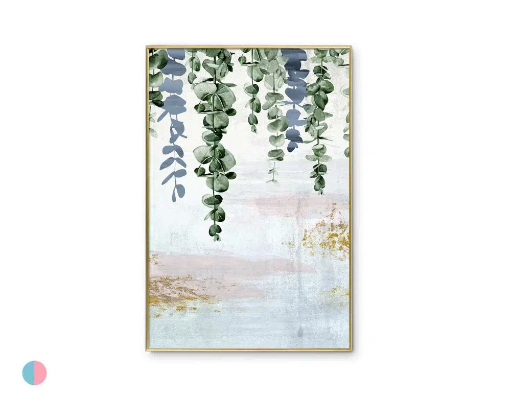 ⁦תמונה לסלון Fallen Leaves Blue Pink - הדפס נייר ממוסגר בפורמט מלבני בגווני כחול ירוק עם נגיעות ורוד זהב⁩ – תמונה ⁦4⁩