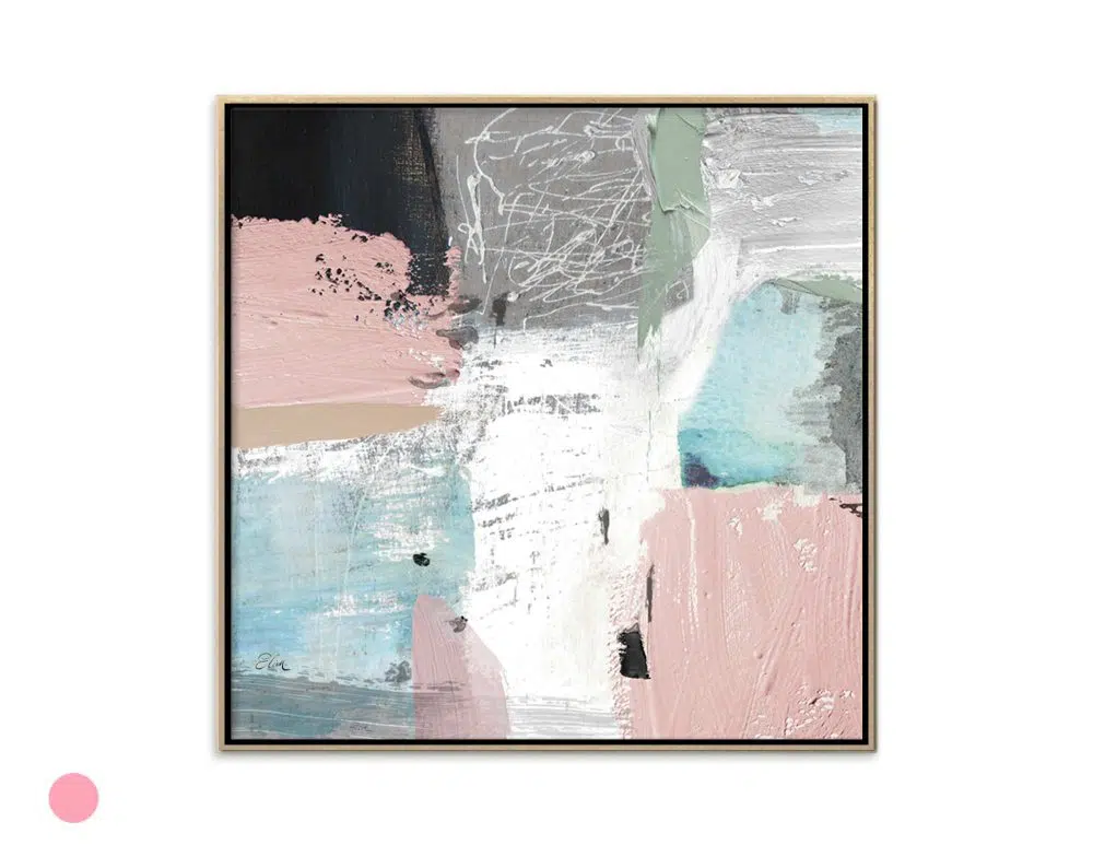 ⁦תמונת קנבס לסלון Earthly Signs Pink Blue - הדפס קנבס ממוסגר בפורמט ריבועי בגווני ורוד כחול אפור שחור עם נגיעות ירוק⁩ – תמונה ⁦4⁩