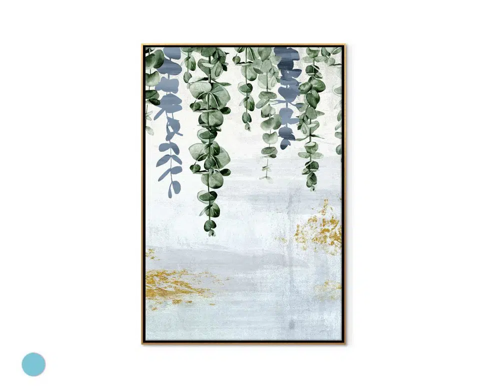 ⁦תמונת קנבס לסלון Fallen Leaves Blue - הדפס קנבס ממוסגר בפורמט מלבני בגווני כחול ירוק עם נגיעות זהב⁩ – תמונה ⁦4⁩