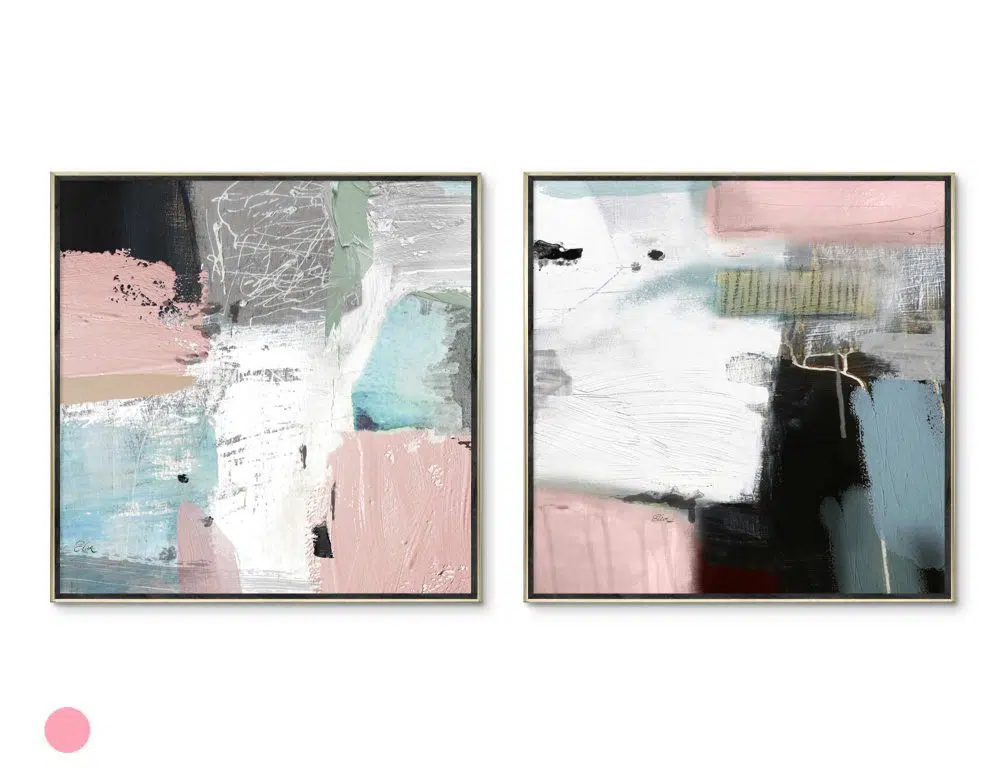 ⁦תמונות קנבס לבית Earthly Sky Duo Pink Blue - שני הדפסי קנבס ממוסגרים בפורמט ריבועי בגווני ורוד כחול אפור שחור עם נגיעות ירוק⁩ – תמונה ⁦4⁩