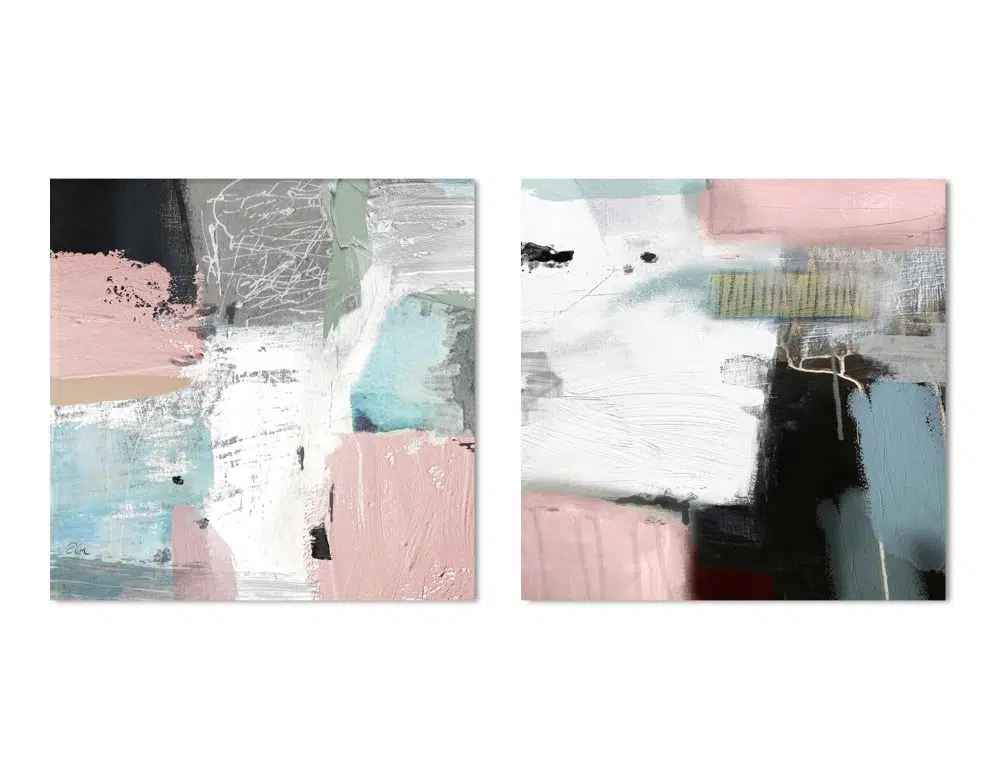⁦תמונות לסלון Earthly Sky Duo Pink Blue - שני הדפסי נייר ללא מסגרת בפורמט ריבועי בגווני ורוד כחול אפור שחור עם נגיעות ירוק⁩ – תמונה ⁦4⁩