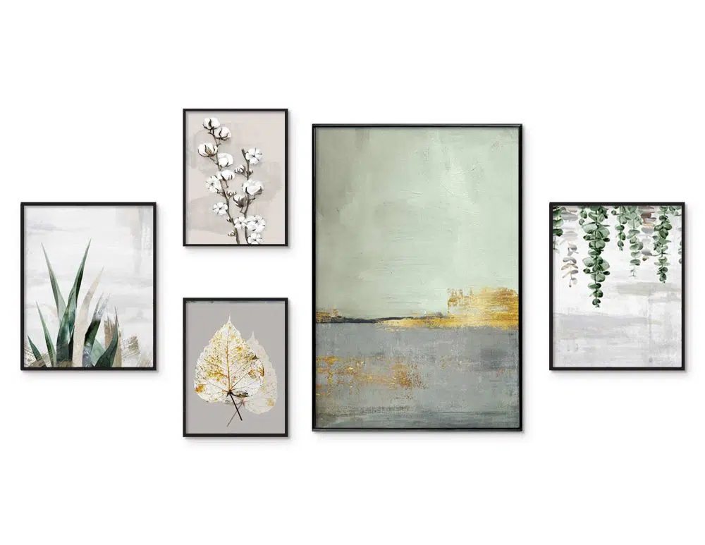 ⁦קולאז׳ תמונות לסלון Green Horizon Gallery A - חמישה הדפסי נייר ממוסגרים בפורמט מלבני בגווני ירוק בז׳ אפור עם נגיעות זהב⁩ – תמונה ⁦4⁩