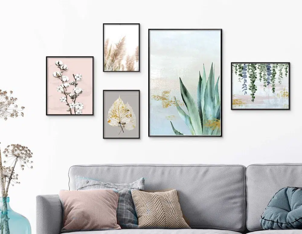 ⁦קולאז׳ תמונות Natures Glory Gallery A - חמישה הדפסי נייר ללא מסגרת בפורמט מלבני בגווני כחול ירוק ורוד אפור בז׳ עם נגיעות זהב⁩ – תמונה ⁦2⁩