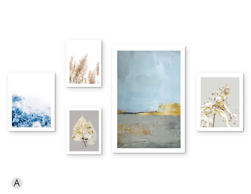 ⁦קולאז׳ תמונות לבית Blue Horizon Gallery B - חמישה הדפסי נייר ללא מסגרת בפורמט מלבני בגווני כחול אפור עם נגיעות זהב⁩ – תמונה ⁦4⁩