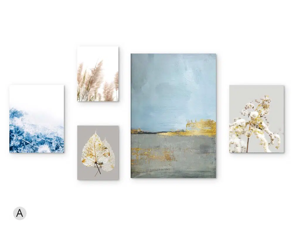 ⁦קולאז׳ תמונות לבית Blue Horizon Gallery B - חמישה הדפסי נייר ללא מסגרת בפורמט מלבני בגווני כחול אפור עם נגיעות זהב⁩ – תמונה ⁦5⁩