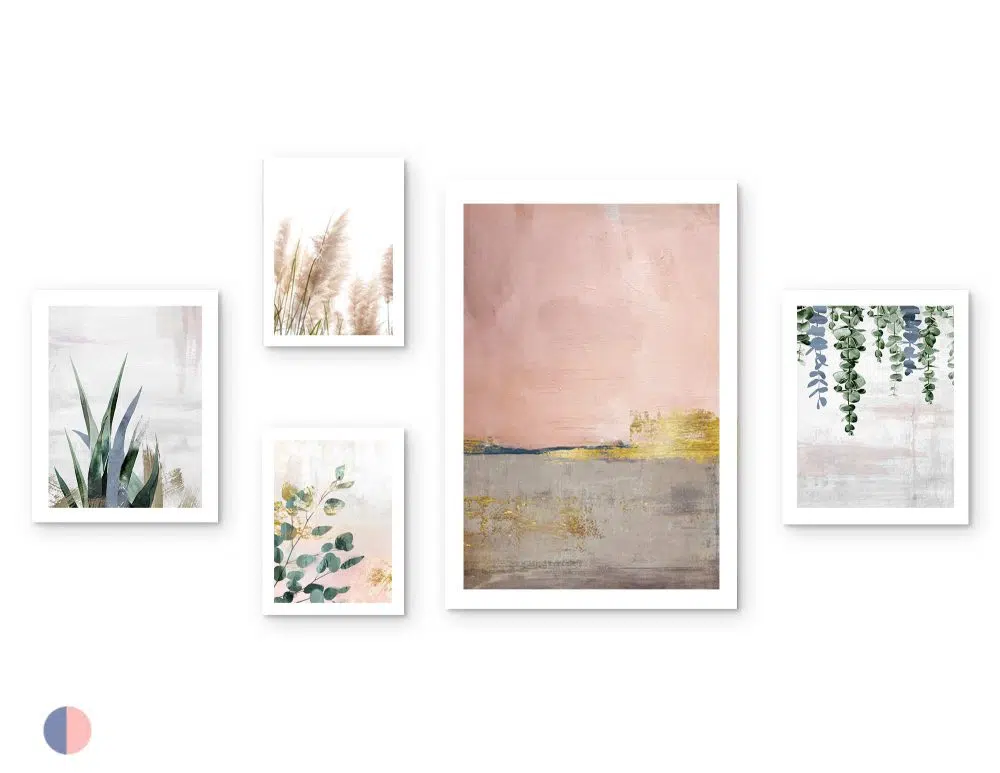 ⁦קולאז׳ תמונות לבית Pink Horizon Gallery A - חמישה הדפסי נייר ללא מסגרת בפורמט מלבני בגווני ורוד ירוק בז׳ אפור עם נגיעות כחול זהב⁩ – תמונה ⁦6⁩