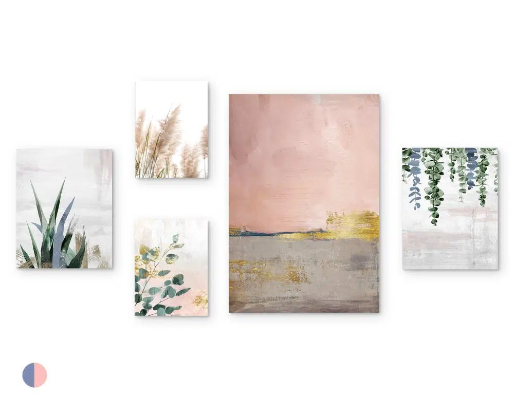 ⁦קולאז׳ תמונות לבית Pink Horizon Gallery A - חמישה הדפסי נייר ללא מסגרת בפורמט מלבני בגווני ורוד ירוק בז׳ אפור עם נגיעות כחול זהב⁩ – תמונה ⁦5⁩