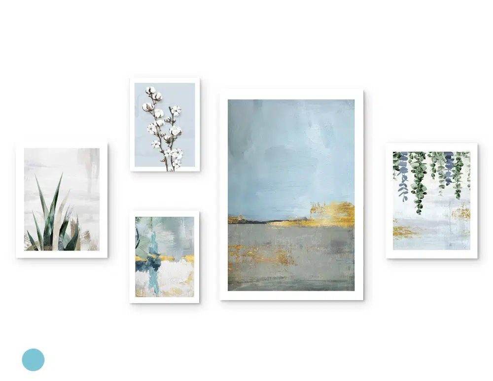 ⁦קולאז׳ תמונות Blue Horizon Gallery A - חמישה הדפסי נייר ללא מסגרת בפורמט מלבני בגווני כחול ירוק אפור עם נגיעות זהב⁩ – תמונה ⁦5⁩