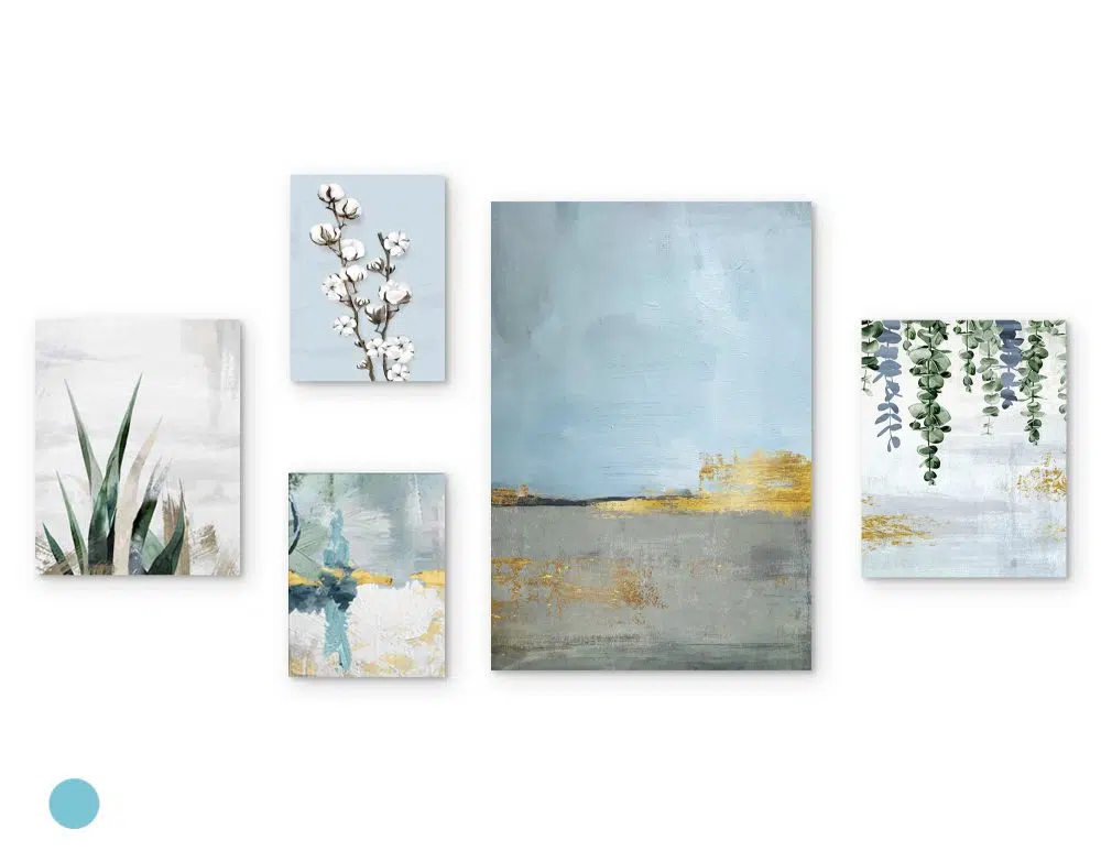 ⁦קולאז׳ תמונות Blue Horizon Gallery A - חמישה הדפסי נייר ללא מסגרת בפורמט מלבני בגווני כחול ירוק אפור עם נגיעות זהב⁩ – תמונה ⁦4⁩