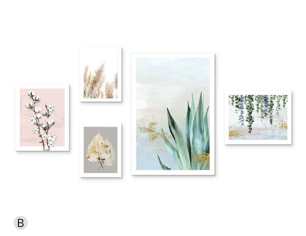 ⁦קולאז׳ תמונות Natures Glory Gallery A - חמישה הדפסי נייר ללא מסגרת בפורמט מלבני בגווני כחול ירוק ורוד אפור בז׳ עם נגיעות זהב⁩ – תמונה ⁦4⁩