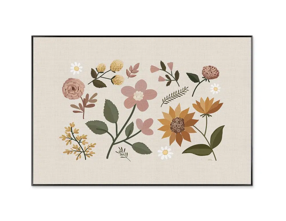⁦תמונה לסלון Embroidery Sun Flowers - הדפס נייר ממוסגר בפורמט רוחבי בגווני בז׳ חרדל ורוד ירוק⁩ – תמונה ⁦3⁩