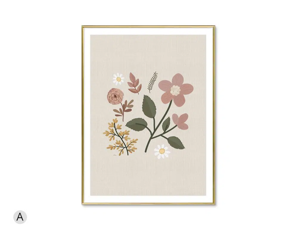 ⁦תמונה לסלון Embroidery Flowers - הדפס נייר ממוסגר בפורמט מלבני בגווני בז׳ חרדל ורוד ירוק⁩ – תמונה ⁦3⁩