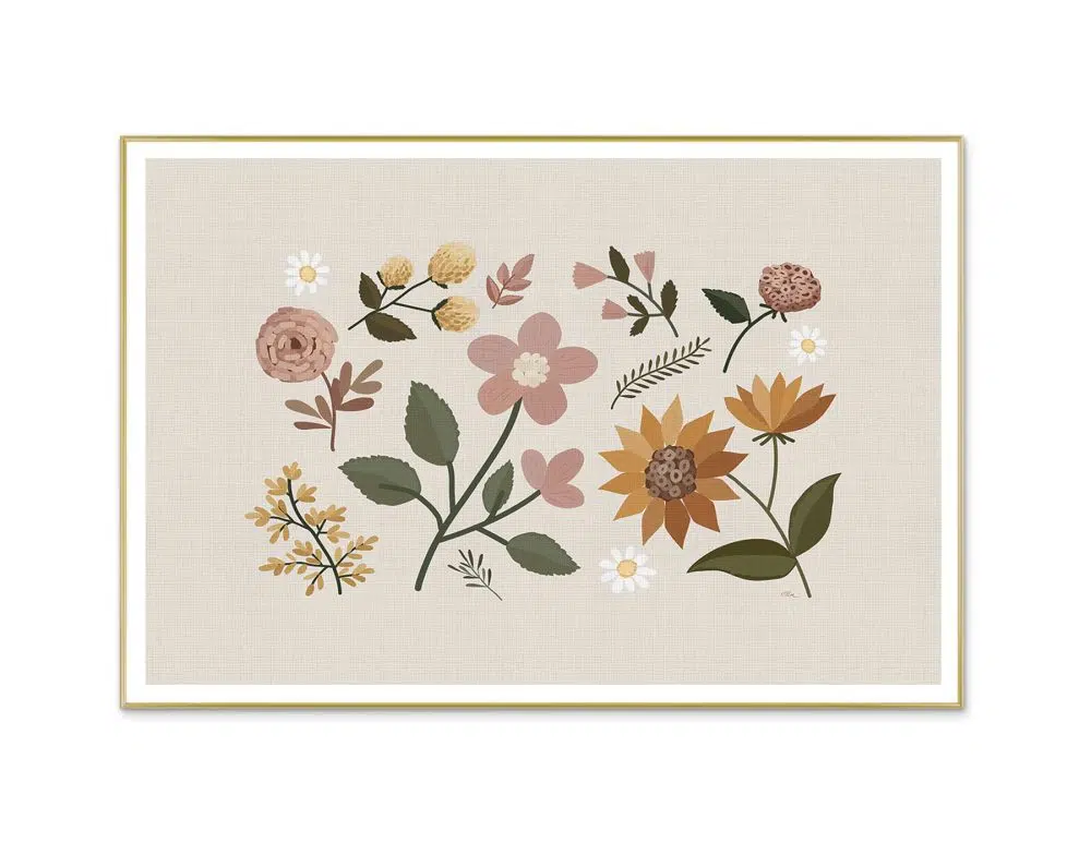 ⁦תמונה לסלון Embroidery Sun Flowers - הדפס נייר ממוסגר בפורמט רוחבי בגווני בז׳ חרדל ורוד ירוק⁩ – תמונה ⁦4⁩