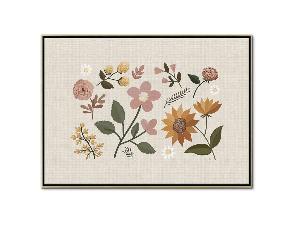 ⁦תמונת קנבס Embroidery Sun Flowers - הדפס קנבס ממוסגר בפורמט רוחבי בגווני בז׳ חרדל ורוד ירוק⁩ – תמונה ⁦4⁩