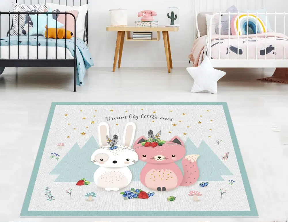 שטיח לחדר ילדים Cat & Bunny - שטיח pvc איכותי באיור מקורי מודפס בגווני אפור מנטה ורוד