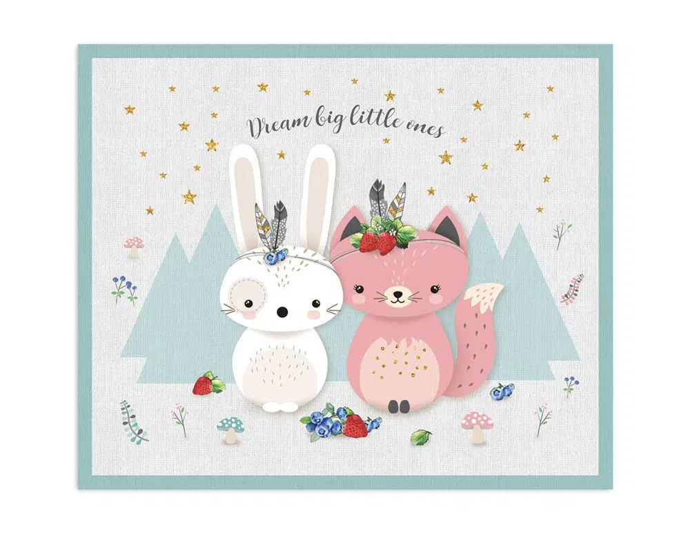 ⁦שטיח לחדר ילדים Cat & Bunny - שטיח pvc איכותי באיור מקורי מודפס בגווני אפור מנטה ורוד⁩ – תמונה ⁦2⁩