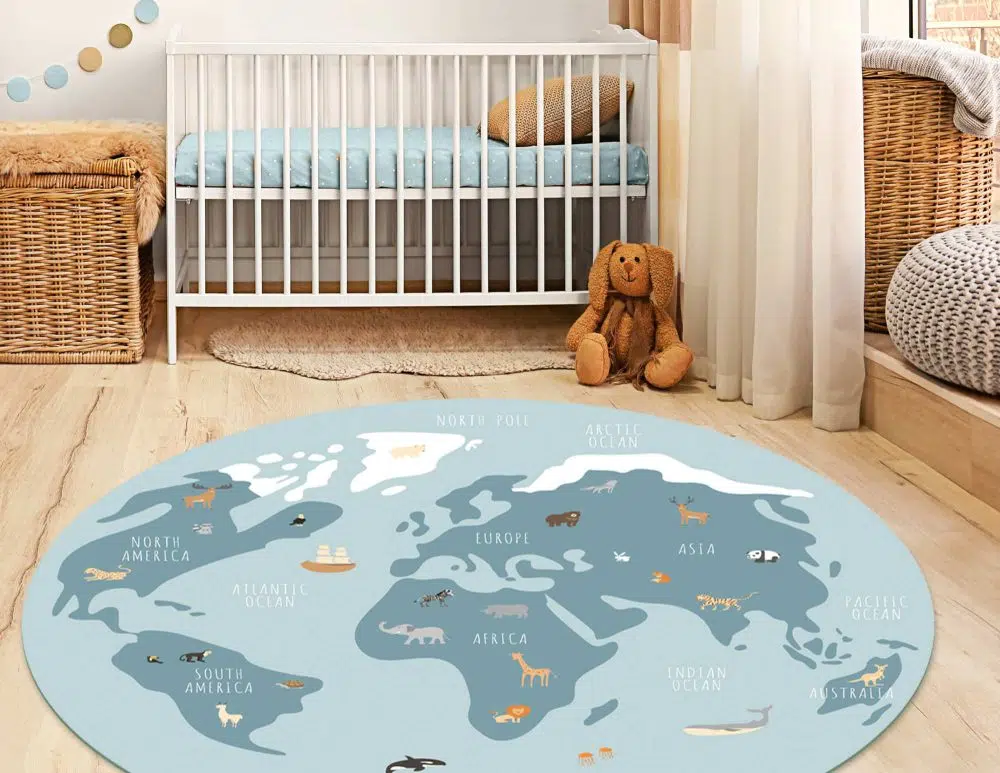 שטיח עגול לחדר ילדים Animal World Blue - שטיח pvc איכותי באיור מקורי מודפס בגווני כחול מעושן