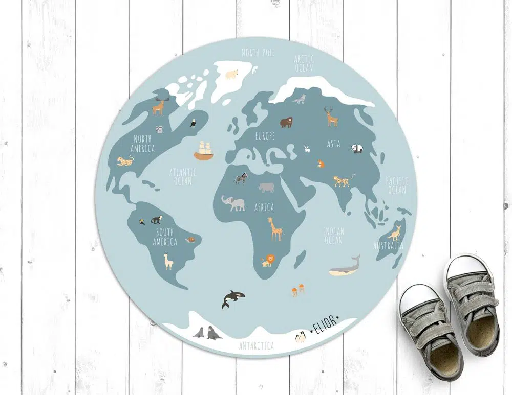 ⁦שטיח עגול לחדר ילדים Animal World Blue - שטיח pvc איכותי באיור מקורי מודפס בגווני כחול מעושן⁩ – תמונה ⁦2⁩