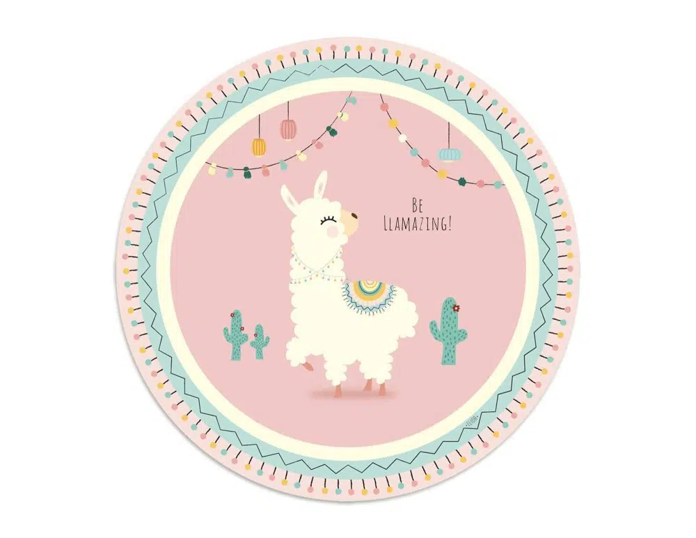 ⁦שטיח עגול לחדר ילדים Festive Llama Pink - שטיח pvc איכותי באיור מקורי מודפס בגווני ורוד עם נגיעות צהוב מנטה⁩ – תמונה ⁦3⁩