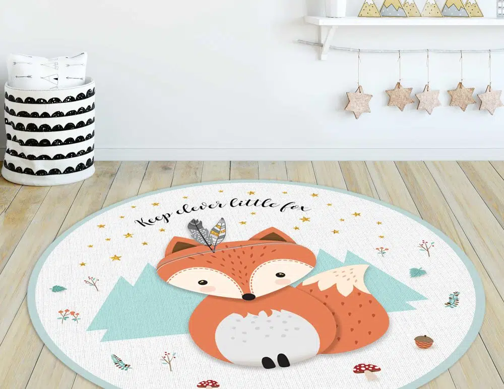 שטיח עגול לחדר ילדים Woodland Fox Mint - שטיח pvc איכותי באיור מקורי מודפס בגווני אפור מנטה כתום