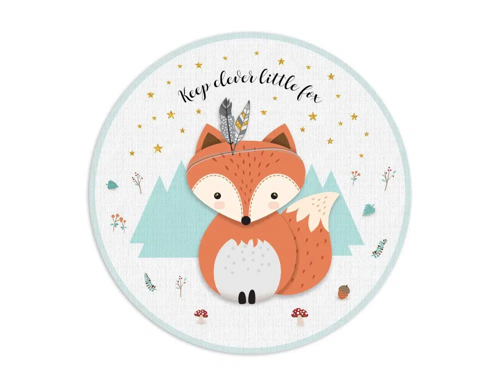 ⁦שטיח עגול לחדר ילדים Woodland Fox Mint - שטיח pvc איכותי באיור מקורי מודפס בגווני אפור מנטה כתום⁩ – תמונה ⁦2⁩